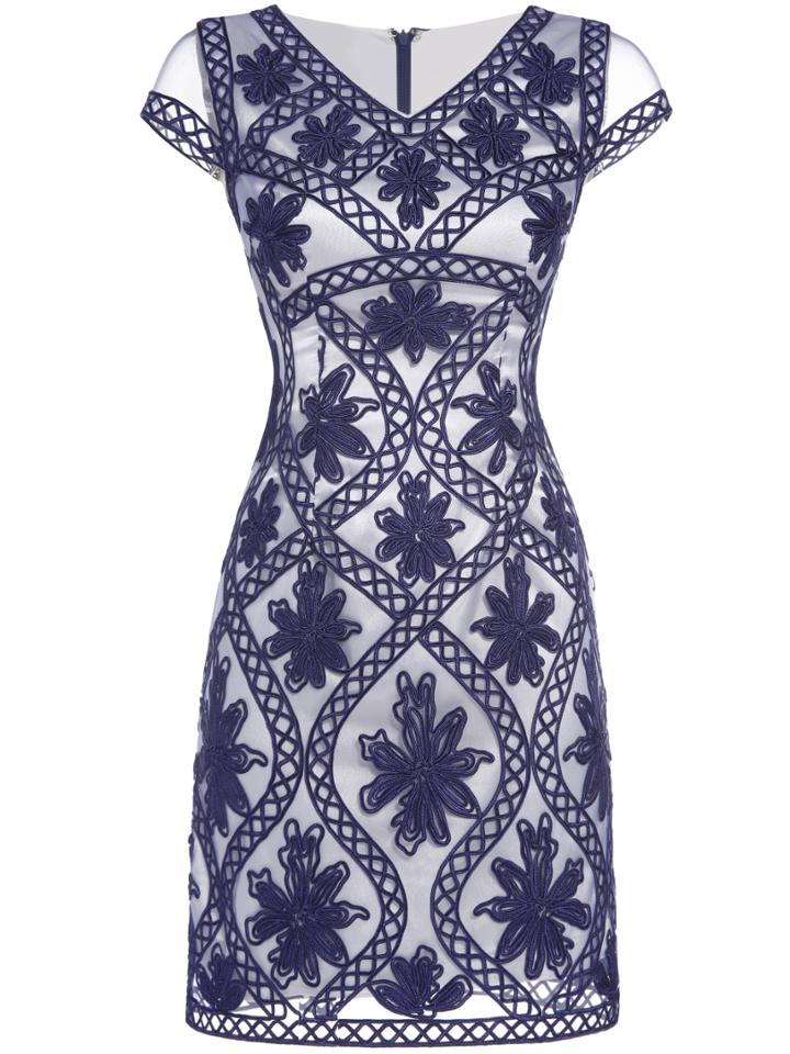 Shein Navy V Neck Gauze Disc Flowers Sheath Dress