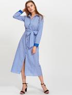 Shein Satin Cuff Self Tie Waist Gingham Shirt Dress