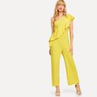 Shein Flounce One Shoulder Wide Leg Solid Jumpsuit