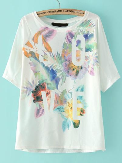 Shein Florals Print White T-shirt