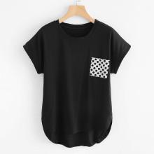 Shein Polka Dot Pocket Patchwork Tee