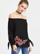 Shein Embroidered Flower Patch Tie Sleeve Bardot Top
