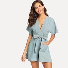 Shein Pocket Patched V Neck Belted Romper