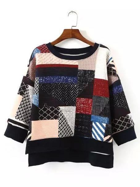 Shein Colour Round Neck Geometric Print Sweatshirt