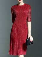 Shein Wine Red Round Neck Half Sleeve Pleated Lace Dress