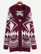 Shein Burgundy Geo Pattern Shawl Collar Sweater Coat