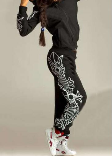 Rosewe Long Sleeve Printed Black Two Piece Activewear