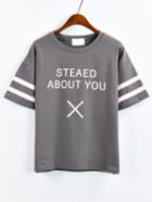 Shein Letter Print Striped Sleeve T-shirt - Grey