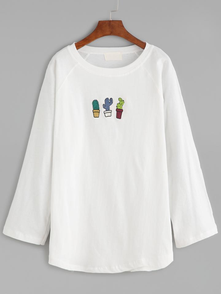 Shein White Potted Embroidered Drop Shoulder T-shirt