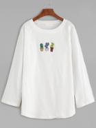 Shein White Potted Embroidered Drop Shoulder T-shirt