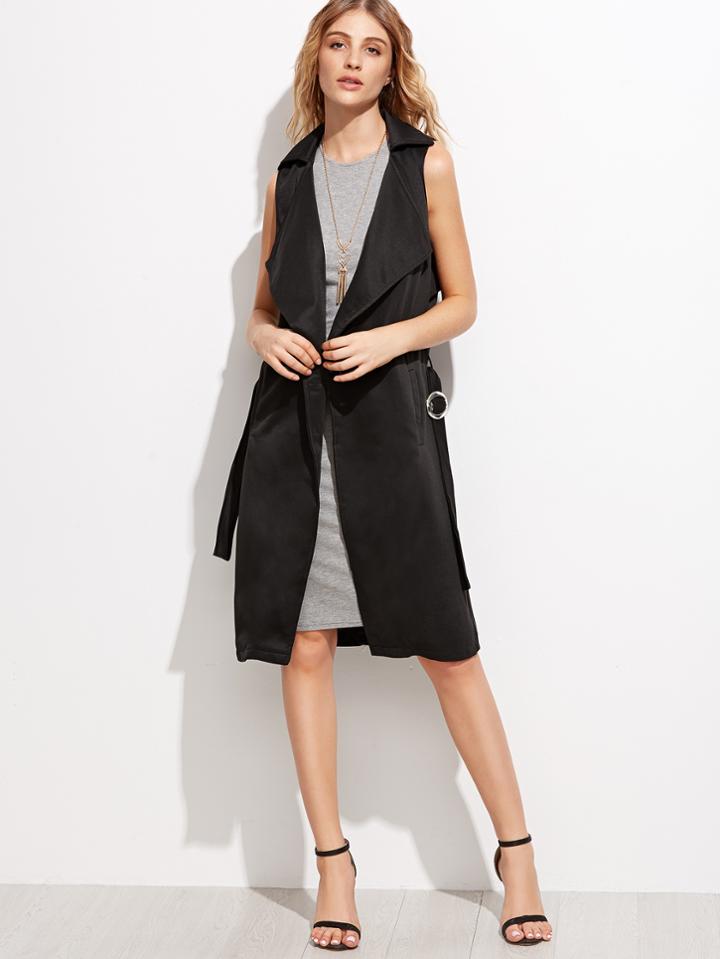 Shein Black Sleeveless Self Tie Long Wrap Vest