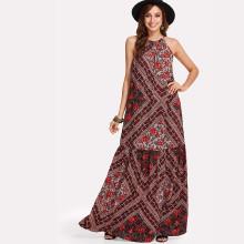 Shein Patchwork Print Tiered Hem Halter Dress