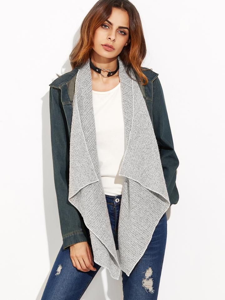 Shein Blue Denim Jacket With Detachable Waterfall Collar