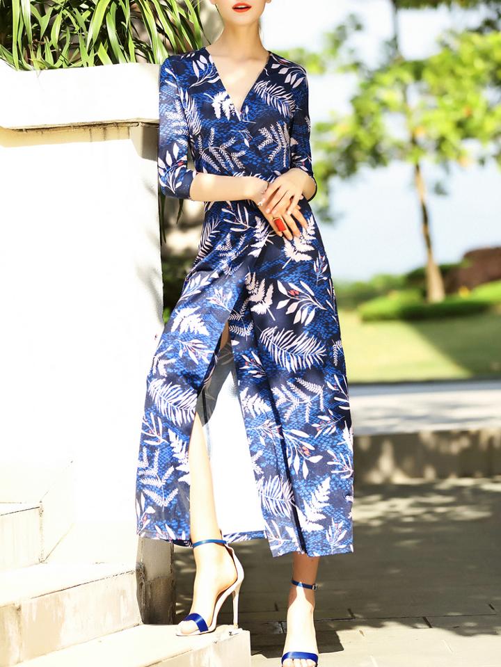 Shein Blue V Neck Tie-waist Leaves Print Split Dress