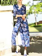 Shein Blue V Neck Tie-waist Leaves Print Split Dress
