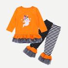 Shein Toddler Girls Halloween Ruffle Hem Tee With Pants