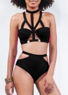Rosewe Cutout Pattern Solid Black Two Pieces Bikini