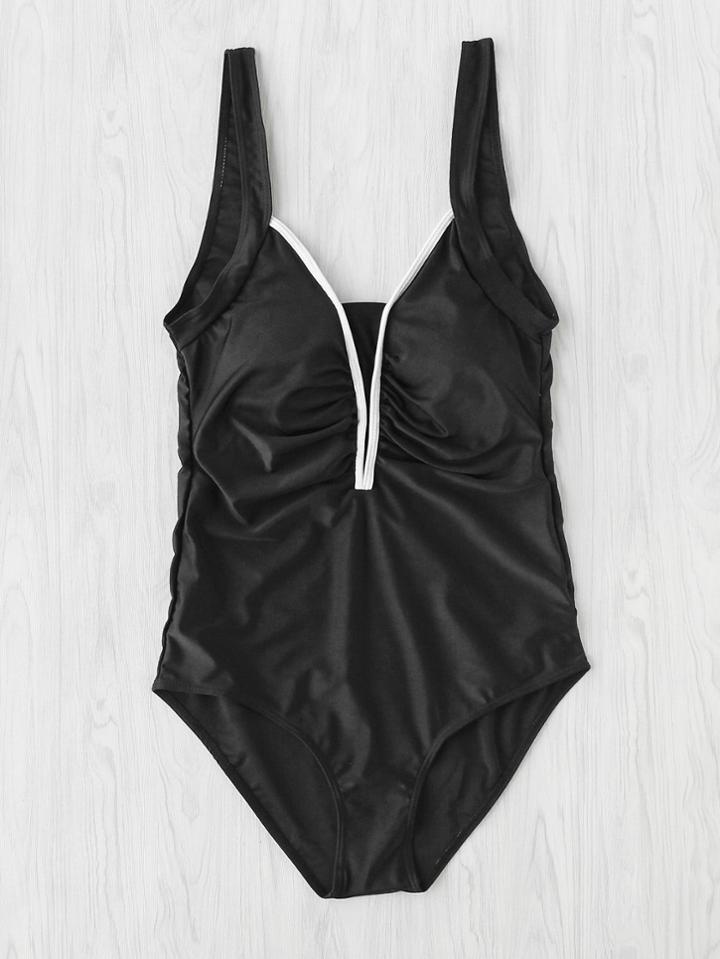 Shein Contrast Plunge Neckline Ruched Swimsuit