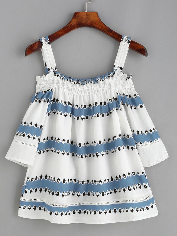 Shein White Striped Cold Shoulder Print Shirred Top