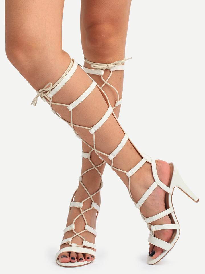 Shein Strappy Lace-up Knee High Heeled Sandals - White
