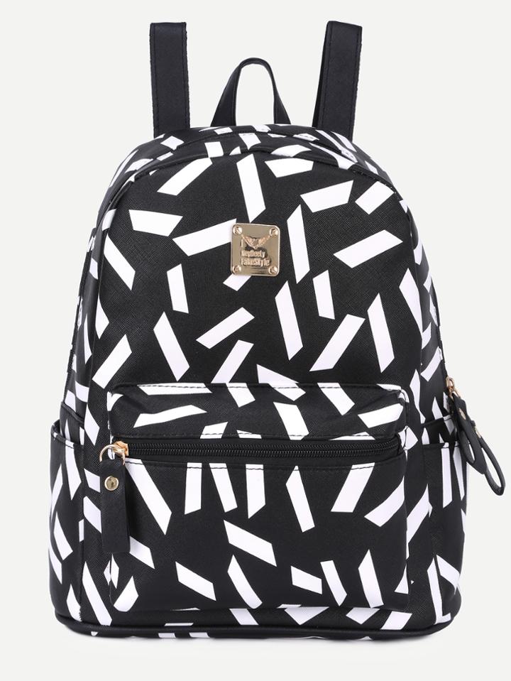Shein Black Print Metal Embellished Zip Pocket Backpack
