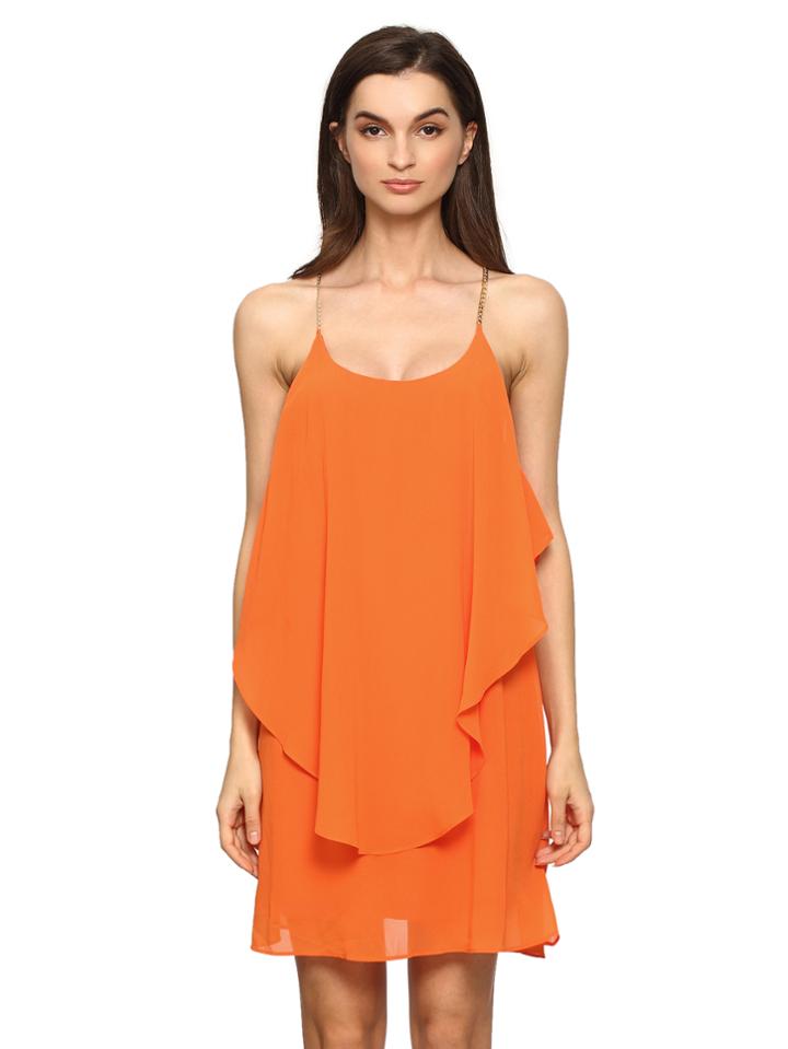 Shein Orange Slip Spaghetti Strap Wrinkle Ruffle Dress
