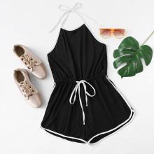 Shein Striped Tape Side Drawstring Waist Halter Romper