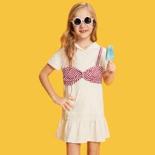 Shein Girls Gingham Bow Embellished Ruffle Hooded Dress
