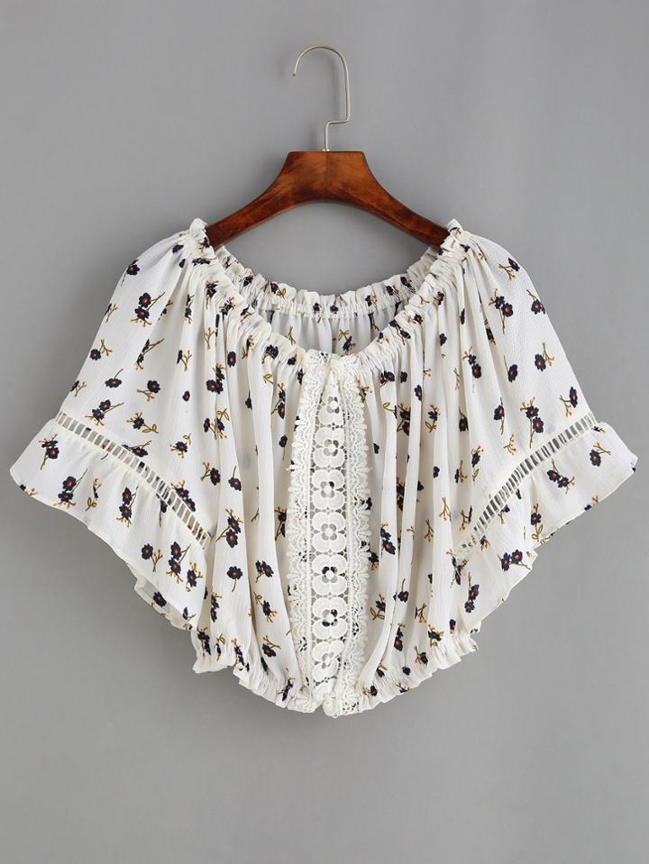 Shein White Boat Neck Florals Contrast Lace Top