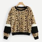 Shein Contrast Faux Fur Leopard Print Teddy Sweatshirt