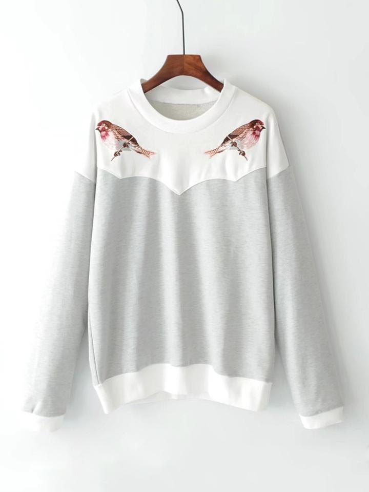 Shein Bird Embroidered Two Tone Sweatshirt