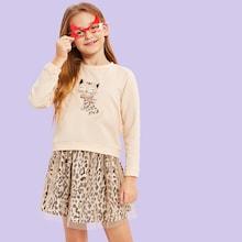 Shein Girls Cat Print Top And Mesh Overlay Leopard Skirt Set