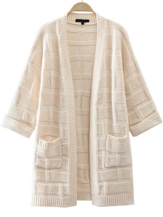 Shein White Textured Detail Cardigan With Pocket