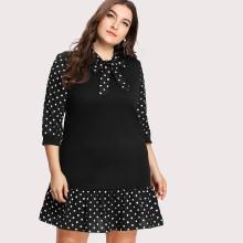 Shein Plus Tie Neck Pep Hem Spot Dress