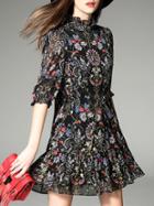 Shein Black Ruffle Neck Drop Waist Print Dress