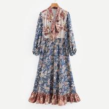 Shein Allover Florals Tie Neck Ruffle Hem Dress
