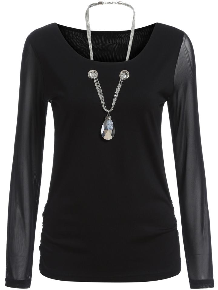 Shein Black Sheer Mesh Sleeve Necklace Embellished Top
