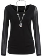 Shein Black Sheer Mesh Sleeve Necklace Embellished Top