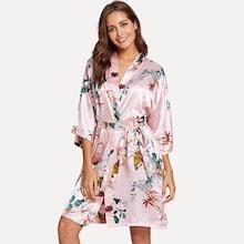 Shein Leaf & Flower Print Self Tie Robe