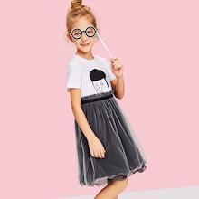 Shein Girls Contrast Mixed Media Graphic Dress