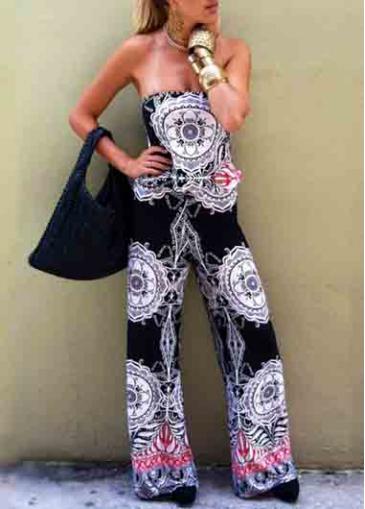 Rosewe Strapless Totem Print Black Loose Jumpsuits