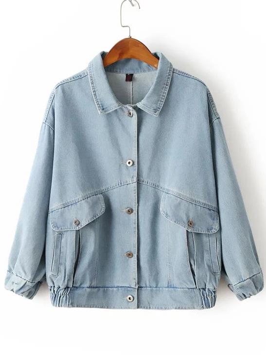 Shein Blue Patch Detail Denim Jacket With Pockets