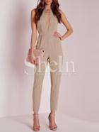 Shein Light Coffee Mock Neck Cut Out Backless Jumpsuit