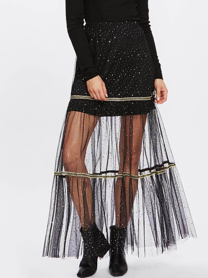 Shein Tape Detail Glitter Mesh Overlay Skirt