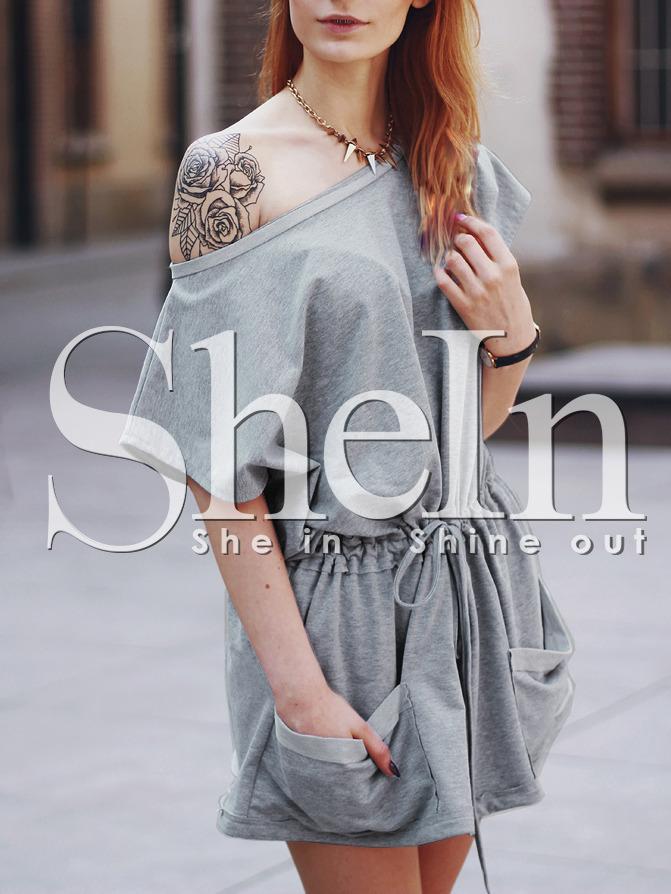 Shein Grey Short Sleeve Drawstring Playsuit