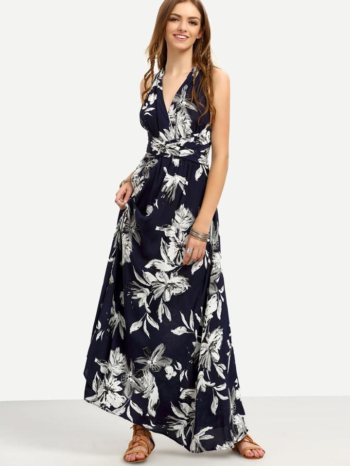 Shein Navy Floral V Neck Tie Waist Crisscross Maxi Dress