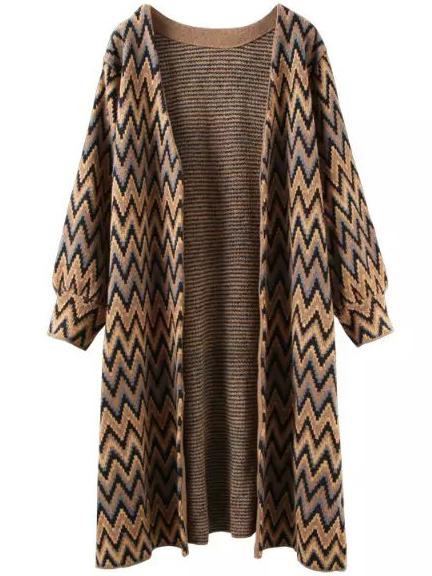 Shein Khaki Black Long Sleeve Zigzag Knit Cardigan