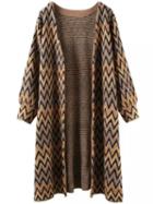 Shein Khaki Black Long Sleeve Zigzag Knit Cardigan