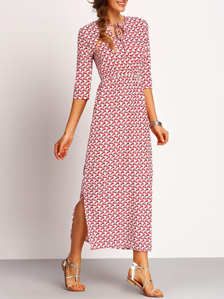 Shein V Neck Lace Up Print Split Dress