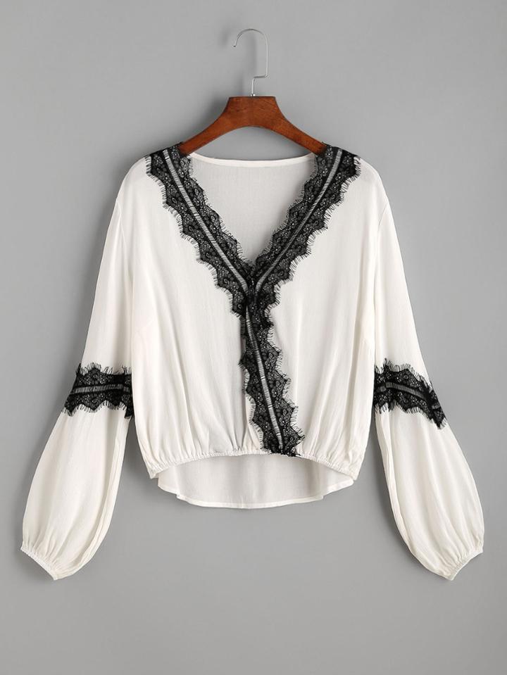 Shein White V Neck Contrast Eyelash Lace Trim Top